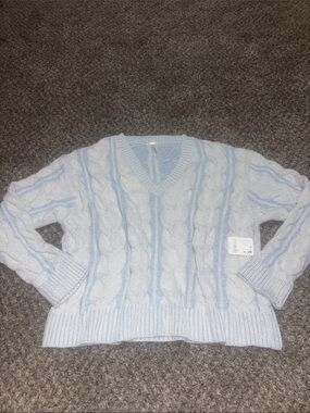 Free People Light Blue Cable-Knit V-Neck Sweater